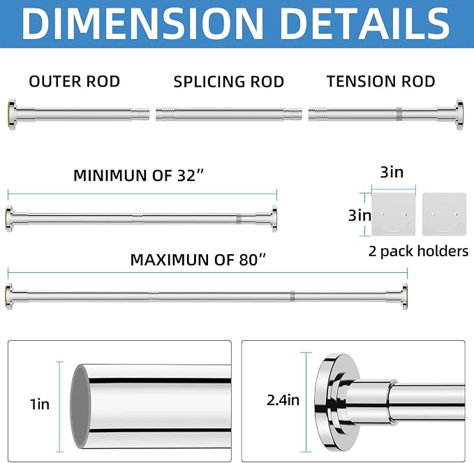 CorkLatta Chrome Shower Curtain Rod,1 Inch Diameter Stainless Steel Adjustable Spring Tension Rods 32 to 80",with Holders,Anti-Slip,Curtain Rods No Drilling(1 Pack)