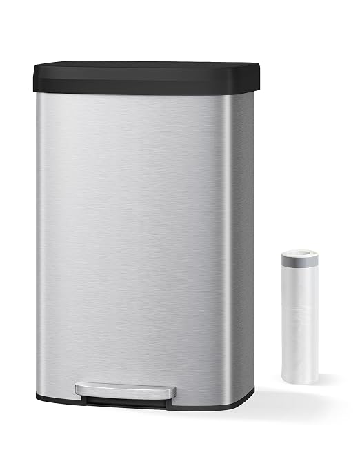 Garvee 21 gal / 80 L Stainless Steel Trash Can with Lid, Large Garbage Can for Kitchen, Rustproof Step-on Kitchen Metal Trash Bin with Liner Rim, Rear Handle, Soft Close Plastic Lid, Silver