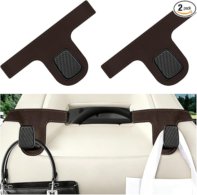 HZEL Car Seat Headrest Hook, 2PCS Vehicle Back Seat Hanger Holder Hook, Multipurpose Automotive Interior Headrest Storage Organizer for Purses Bags Coats, Universal for SUV Caravan Pickup (Brown)