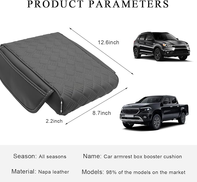 Car Armrest Cushion, 12.6"×8.7" Waterproof Leather Center Console Cover with Pocket, Auto Comfortable Memory Foam Middle Console Elbow Pillow Cushion Pad, Car Accessories (Gray)