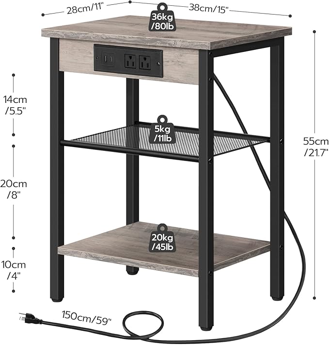 HOOBRO Side Tables Set of 2 with Charging Station and USB Port, Small End Tables for Small Space, 3-Tier Nightstands with Adjustable Shelf, for Living Room, Bedroom, Greige BG112BZP201