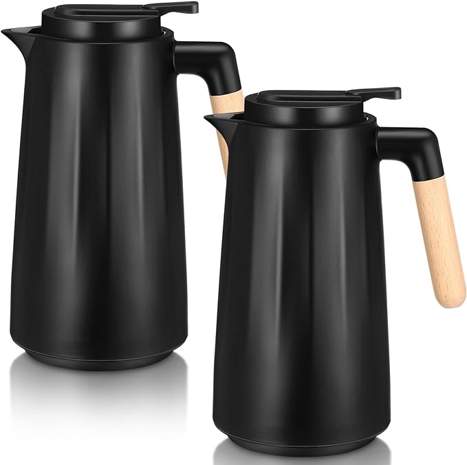 2 Pcs 34 oz Thermal Coffee Carafe for Keeping Hot/Cold Double Wall Vacuum Carafe with Insulated Glass Liner and Wood Handle Coffee Pot Container for Drinks Milk Tea Chocolates(Black)