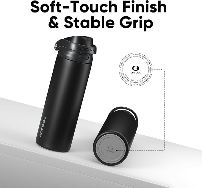 ENCOOL Leakproof Insulated Water Bottle with Straw Dual-Sip Water Bottle Bag-Safe Design for Work, Commute & Gym – Keeps Drinks Cold All Day, 32 oz, Jet Black