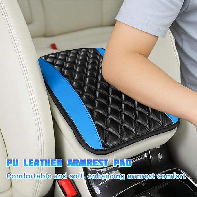 Car Center Console Cover, Comfortable PU Leather Vehicle Armrest Storage Box Cushion Pad, Anti-Scratch Automotive Interior Arm Rest Cover Protector, Universal for Truck SUV Sedan (Blue)