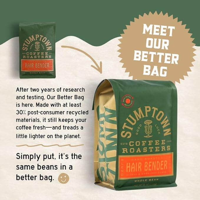 Stumptown Coffee Roasters, Medium Roast Whole Bean Coffee, 100% Arabica Coffee - Hair Bender 12 Ounce Bag with Flavor Notes of Citrus and Dark Chocolate