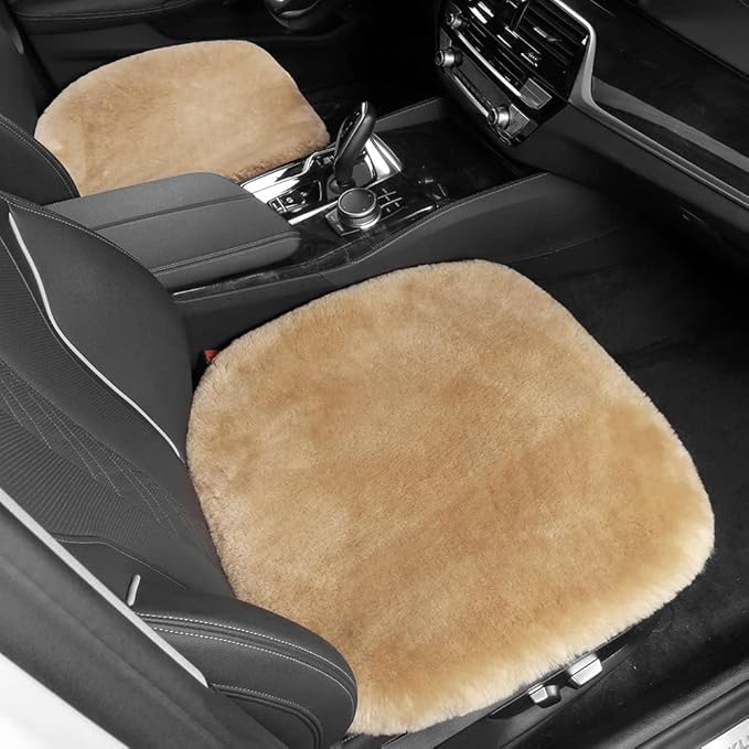 LLB Genuine Sheepskin Car Seat Cushion Seat Covers for Cars Trucks SUV Comfort Seat Protector Pad for Car Driver Seat Car Accessories for Women Office Chair Car Decor (Khaki, Front Seat Cushion-1 Pc)