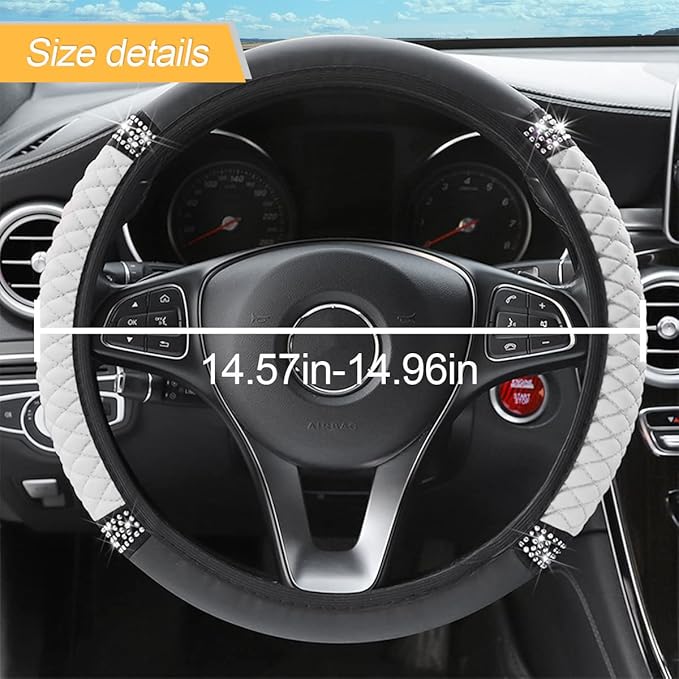 Leather Car Steering Wheel Cover, 15 Inch Colorful Rhinestones Elastic Auto Steering Wheel Protector, Bling Steering Wheel Cover for Women Men, Car Accessories for Cars, Vehicles, SUVs (White)