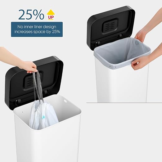 Arlopu 50L/13.2Gal Stainless Steel Trash Can W/15 Inner Bags & Rear Trash Bag Storage Compartment, Kitchen Step Trash Can with Lid & Built-in Deodorizer Box, Garbage Bin W/Foot Pedal (White)