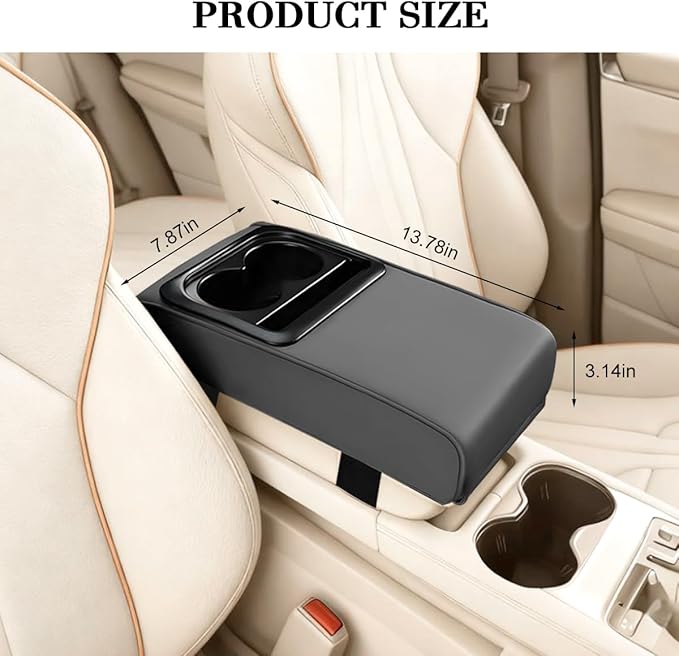 Car Center Console Armrest Pillow, Leather Vehicle Middle Console Protection Cushion with Cup & Phone Holder, Waterproof Automotive Arm Rest Box Cover Accessories, Universal Fit (Gray)