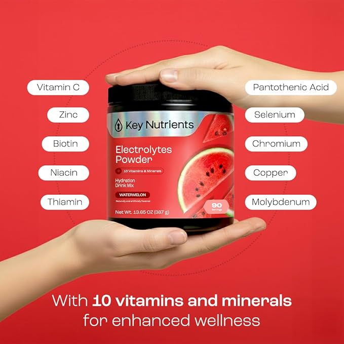KEY NUTRIENTS Multivitamin Electrolytes Powder No Sugar for Recovery - Refreshing Watermelon Electrolyte Powder - Hydration Powder - No Calories, Gluten Free Electrolytes Powder - 90 Servings