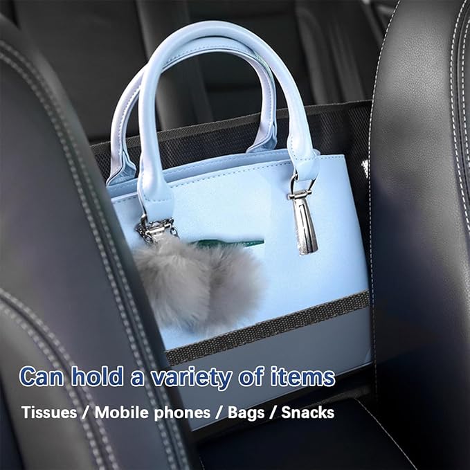 Car Net Pocket Handbag Holder, Mesh Vehicle Driver Storage Organizer Bag Purse Holder Between Two Seat, Automotive Backseat Barrier for Kids Pets, Universal for Truck SUV Sedan