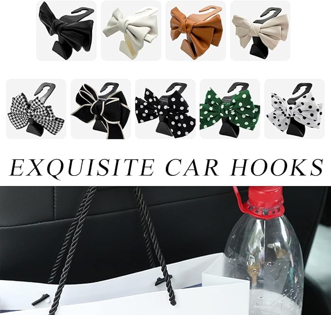 2 PCS Car Seat Headrest Hooks, Cute Bow Shaped Vehicle Backseat Storage Hooks, Leather Bow Shaped Sturdy Car Seat Back Hooks for Purses/Coats/Umbrellas, Car Accessories (Houndstooth)