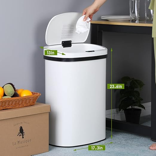13 Gallon 50 Liter Garbage Can Kitchen Trash Can with Lid Automatic Sensor Touch Free Stainless Steel Waste Bin for Bathroom Bedroom Home Office,White