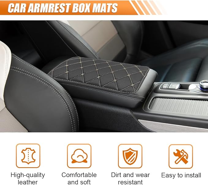 Leather Center Console Cover for Cars, Waterproof Arm Rest Box Protective Cover Car Center Console Cushion Pad, Universal Middle Console Armrest Pad Cover for Most Vehicles (Black/Beige)