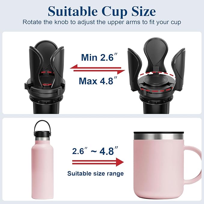 Car Cup Holder Expander, Cup Holder Extender Adapter with Expandable Arm and Adjustable Base, Compatible with Yeti Ramblers 14-64oz, Hydro Flasks 18-64oz Most Coffee Mugs Bottles & Cups