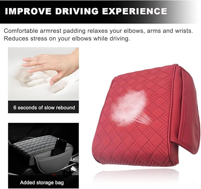 Car Center Console Cover, Waterproof Leather Auto Armrest Box Protector Elbow Pillow with Storage Pocket, Comfortable Memory Foam Arm Rest Box Cushion Pad, Car Accessories (Red)