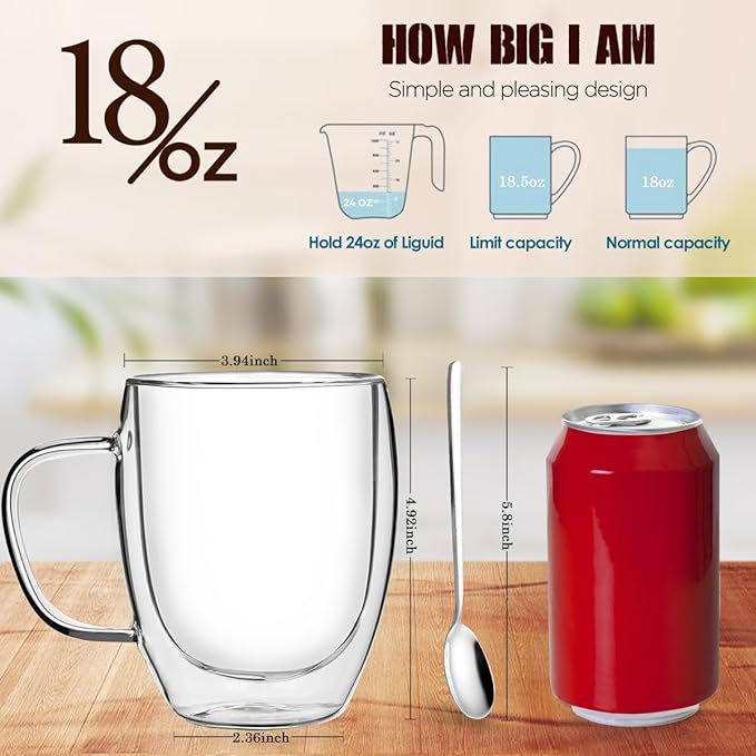 Double Walled Glass Coffee Mugs, 18oz Glass Coffee Cup Set of 2, Double Insulated Coffee Mugs for Espresso, Cappuccino, Latte, Tea Bag, Hot Beverages