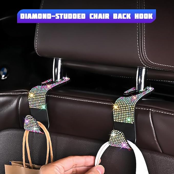 Bling Car Seat Headrest Hooks, 4PCS Crystal Rhinestone Vehicle Back Seat Hanger Holder for Handbags Purses Coats, Automotive Headrest Storage Organizer, Universal for RV SUV Truck (Multicolor)