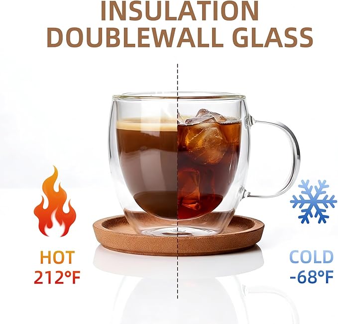 5.4 Oz Double Wall Insulated Espresso Cups Set of 2, Small Clear Glass Coffee Cups Demitasse Mugs & Shot Glasses