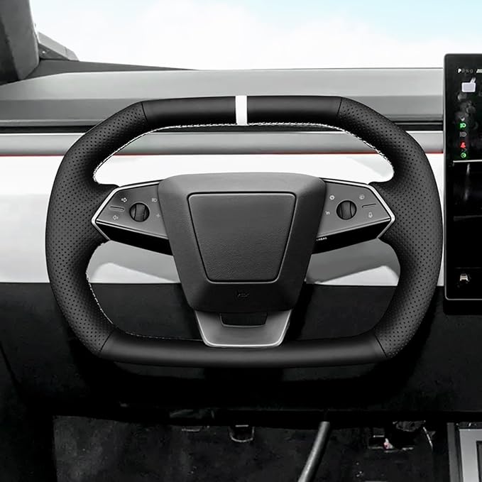 Steering Wheel Cover for Cybertruck Hand Stitching DIY Nappa Leather Steering Wheel Cover with White Center Mark (Black with White)