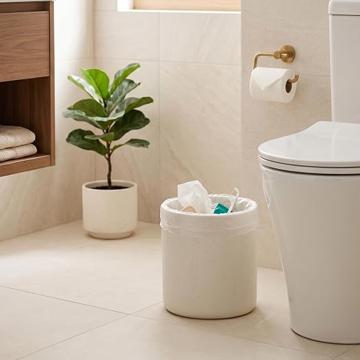 Bathroom Trash Can, 1.6 Gallon Small Trash Can Cabinet, Simple Stone Look Oval Office Garbage Bin, Decorative Waste Basket for Bedroom, Living Room, Kitchen (Off White)