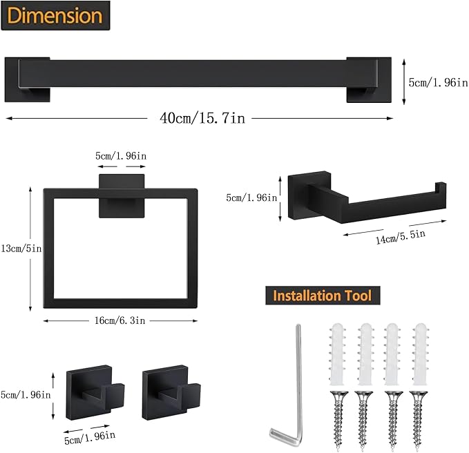 JOPOFI 5 Piece Bathroom Towel Bar Set - Thicken Stainless Steel Bath Towel Holder, 15.7 Inch Towel Racks for Bathroom Wall Mounted, Bathroom Hardware Accessories Set - Matte Black