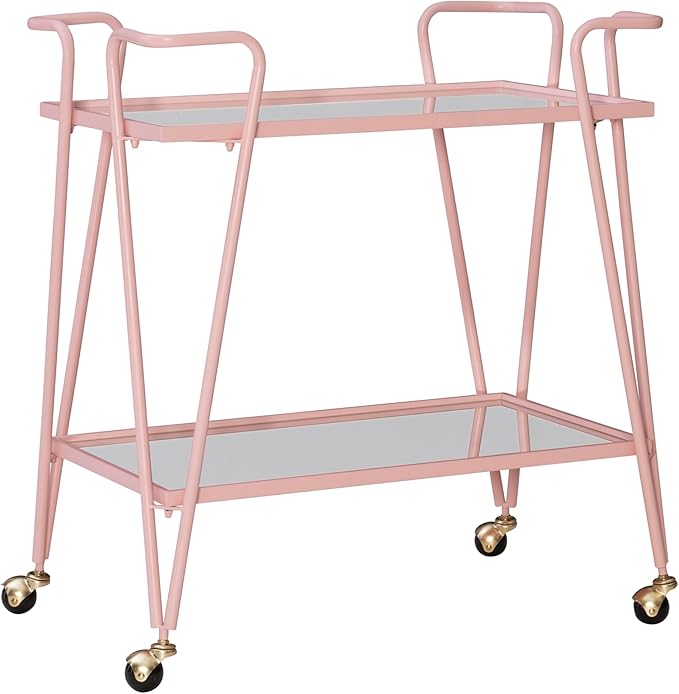 Gina Pink Mid-Century Bar Cart with Mirrored Shelves and Locking Wheels by Linon