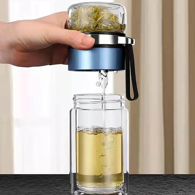 Glass Tea Infuser Bottle, Double Wall Portable Tumbler Mug Travel Tumbler Mug Men Tea Infuser Water Bottle (Blue)