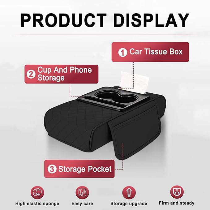 Car Armrest Storage Box for Ford Transit Connect 2011–2012, Center Console Organizer with Side Pocket, Ergonomic Memory Foam Armrest Cushion, Car Elbow Support Pad,A Black