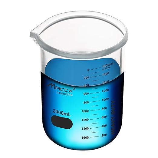 67.6oz(2000ml) Sturdy Glass Beaker, Heavy-Duty 2L Lab Beakers,3.3 Borosilicate Griffin Low Form with Printed Graduation, BKL2K0-001
