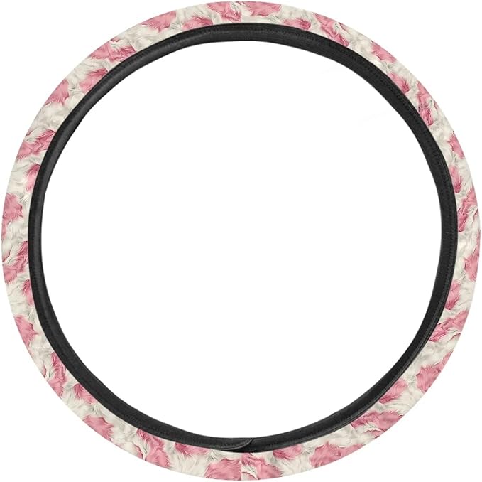 Universal Non-Slip Steering Wheel Cover, 15-inch Polyester Material Driving Accessories, Adjustable for Car and Truck(Blush Pink Furry Leopard)
