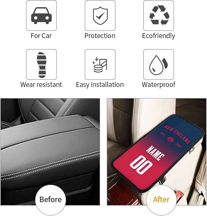 Custom Car Armrest Cover,Add Personalized Name and Number As Gifts for Loyal Football Fans,Auto Center Console Pad Car handrail Box Cushion,Fit for Most Car
