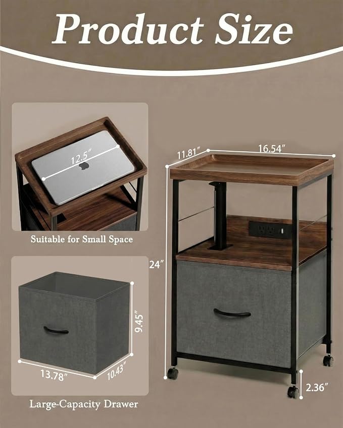 Faesun Swivel Lift Top Nightstand with Charging Station, Rolling Night Stand with Fabric Drawer, Adjustable Bedside Table for Bedroom, Living Room, Walnut Gray, Pro