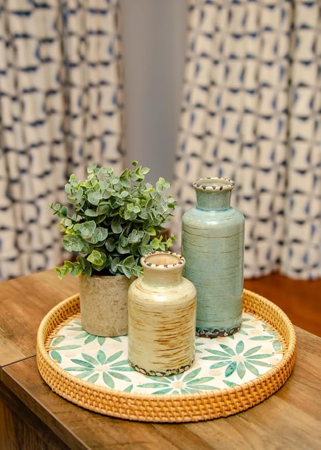 Magenta & Teal Round Rattan Serving Tray with Mother of Pearl Inlay, Wicker Coffee Table Decor, Farmhouse Style (Light Blue Flower Pink)