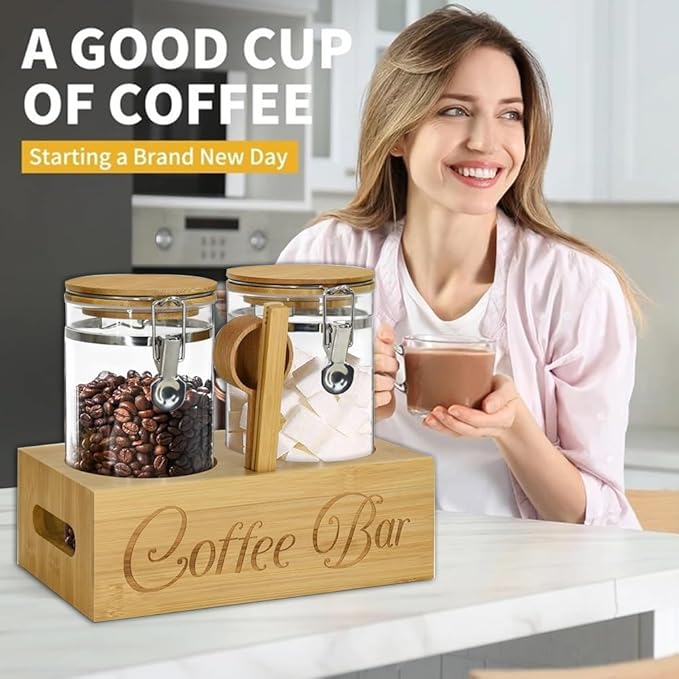 Glass Coffee Containers with Shelf & Scoop, 2 Pcs 48OZ Coffee Storage Jars with Airtight Lid for Coffee Beans, Nuts, Snack, Sugar, Tea, Wood color