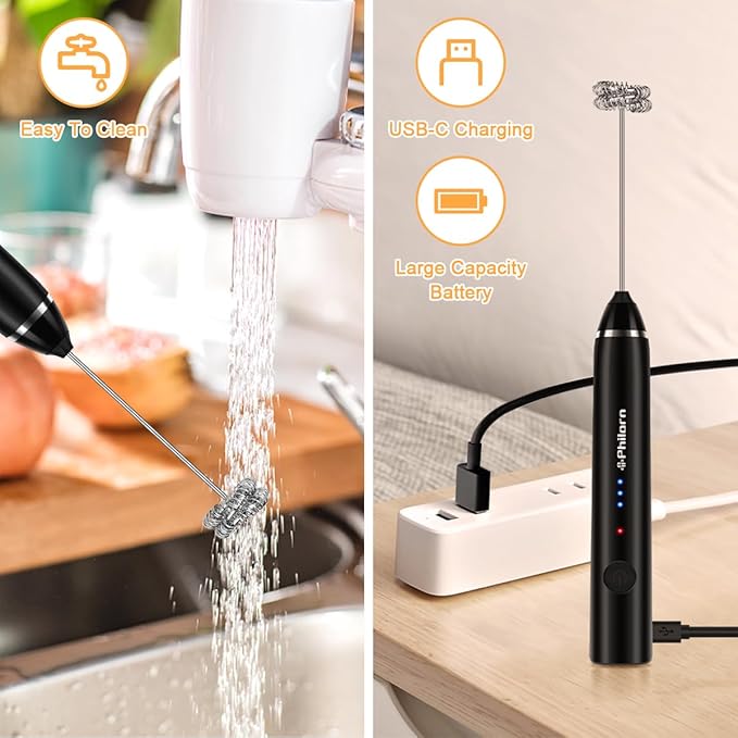 Philorn Milk Frother Wand Handheld Rechargeable Electric Whisk Coffee Drink Mixer, Mini Foamer for Lattes, Cappuccino, Frappe, Matcha, Hot Chocolate, Protein Powder, Keto Diet (Black)