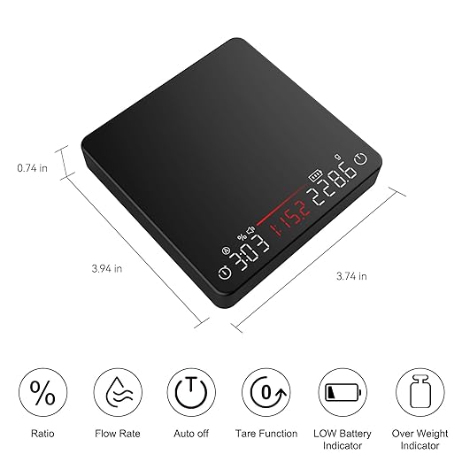 Coffee Scale, Espresso Scale, Weigh Digital Kitchen Scale with Timer, 2kg/0.1g Rechargeable Scale, Ratios & Flow Rate Display, Barista-Grade for Pour-Over, Espresso, French Press – Black