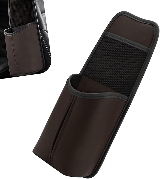 Car Tissue Holder, Leather Seat Side Strap-On Organizer Box with Mesh Net, Multifunctional Hanging Card Cup Holder Storage Bag, Universal for Most Cars (Coffee)