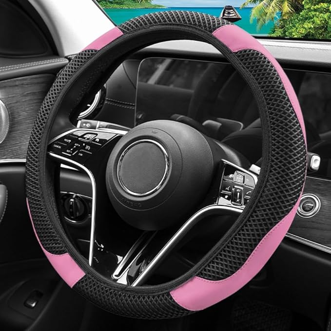 Elastic Stretch Steering Wheel Cover, Warm in Winter and Cool in Summer, Universal 15 inch Microfiber Breathable Ice Silk Anti Slip Car Interior Accessories, Odorless, (Black Pink)