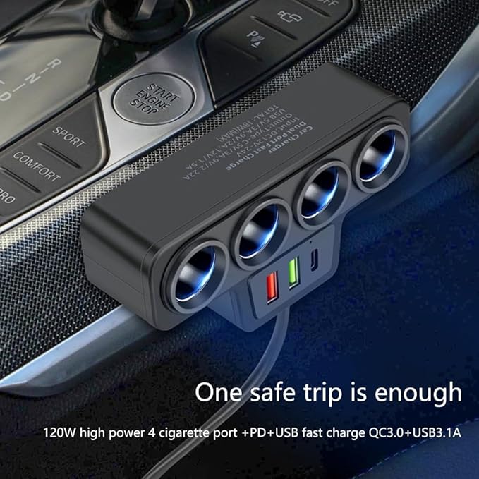 Portable Car Charger 12V/24V Power Socket Splitter Fast Charging Adapter 120W