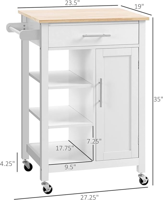 HOMCOM Kitchen Island Cart, Rolling Kitchen Island with Storage Shelf, Solid Wood Top, Drawer, for Dining Room, White