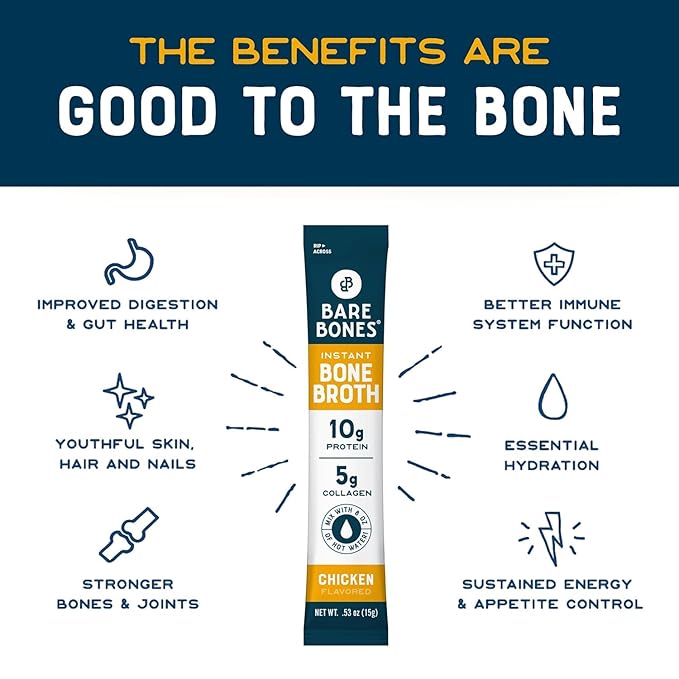 Bare Bones Classic Chicken Bone Broth Instant Powdered Mix Packets | 5g Collagen | 10g Protein | Keto & Paleo Friendly | No Artificial Flavors | Non-GMO, Gluten-Free, Dairy-Free on-the-go 16 Pack