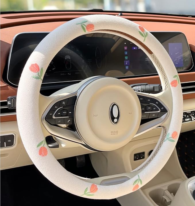 Wheel Cover Flax Microfiber Steering Wheel Covers for Women Fit 15 inch Car Cute Bow Tie Anti-Slip Breathable Absorbing Sweat Cover (Type-O-Tulip)