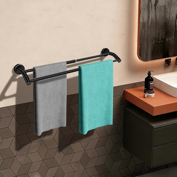 MGahyi Adjustable Double Towel Bar 14.5-24.8Inch, Matte Telescopic Stainless Steel Wall Mount Towel Holder, Rustproof Towel Rack for Bathroom Kitchen RV Laundry Hotel (Black, Double-Bar)