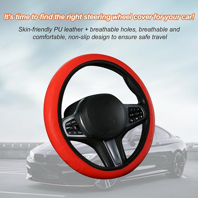 Car Steering Wheel Cover, 15 Inch Leather Soft Elastic Stretch Anti Slip Auto Steering Wheel Wrap Guard, Breathable Vehicle Interior Accessories, Universal for SUV RV Truck (Red)