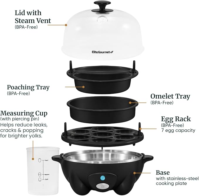 Elite Gourmet EGC-007B# Rapid Egg Cooker, 7 Easy-To-Peel, Hard, Medium, Soft Boiled Eggs, Poacher, Omelet Maker, Auto Shut-Off, Alarm, 16-Recipe Booklet, Black