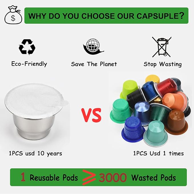 Reusable Espresso Capsules Refillable Coffee Pods Stainless Steel Cups Filters Compatible for Nespresso Original Line Machines with Aluminum Foil Seals Stickers Lids (2 Cups+100 Lids)