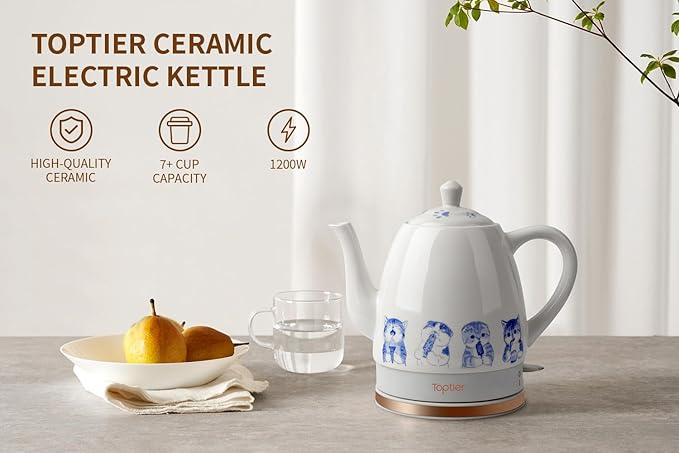 Toptier Electric Ceramic Tea Kettle, Boil Water Quickly and Easily, Detachable Swivel Base & Boil Dry Protection, Carefree Auto Shut Off, 1.5 L, Greedy Cat