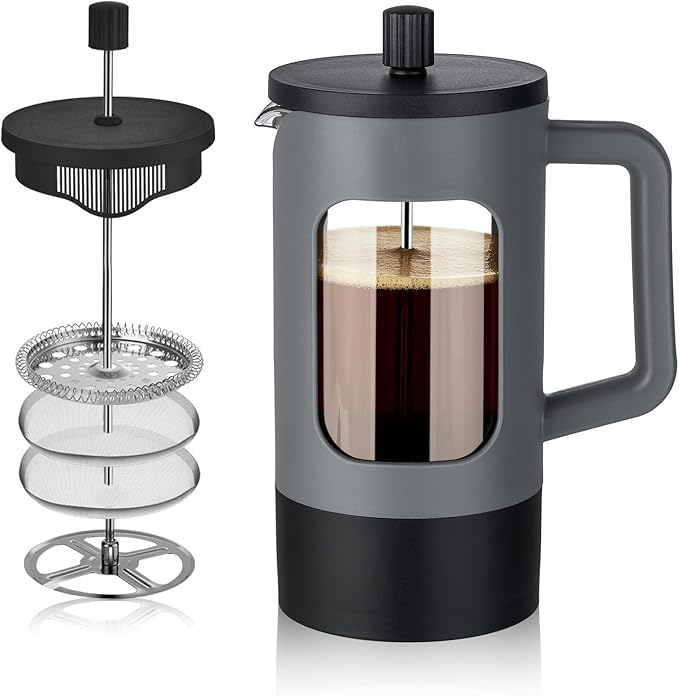 YOLIFE French Press Coffee Maker, 34 oz / 4 Cup Coffee Tea Press with Heat-resistant Borosilicate Glass, 4-Level Filtration Systems, Cold Brew Coffee Maker for Camping Travel Gifts, Grey and Black