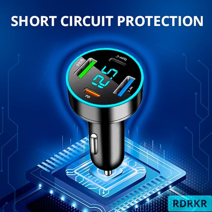 66W Fast Car Charger 4-Port USB C – PD 20W + QC 3.0 + 2 USB 2.4A, Cigarette Lighter Adapter with LED Voltage Meter, Compatible with iPhone 15/14/13, Samsung Galaxy, iPad & Android Devices RDRKR